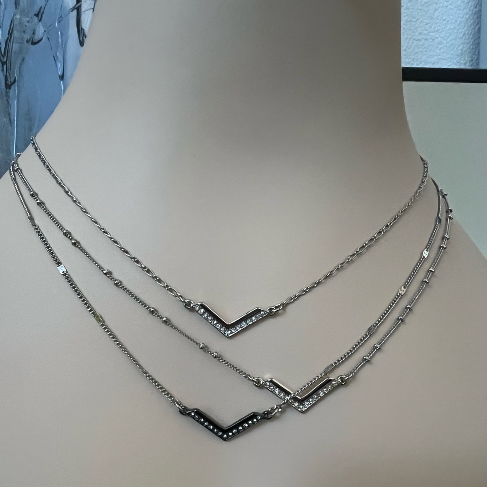 White House Black Market Silver Tone and Black Chevron 3 Strand Necklace